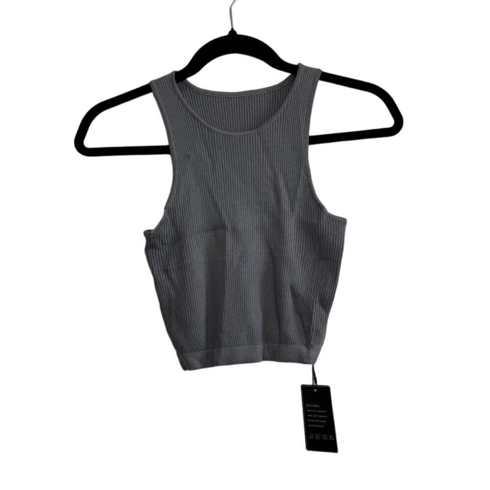 NWT Women's Sleeveless Halter Top Ribbed Crop Gray Small